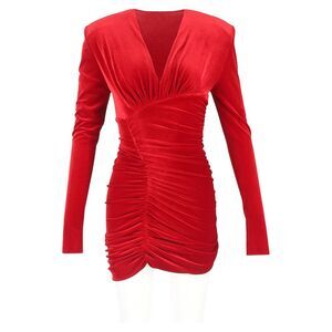 Alexandre Vauthier Ruched Long Sleeve Mini Dress in Red Velvet